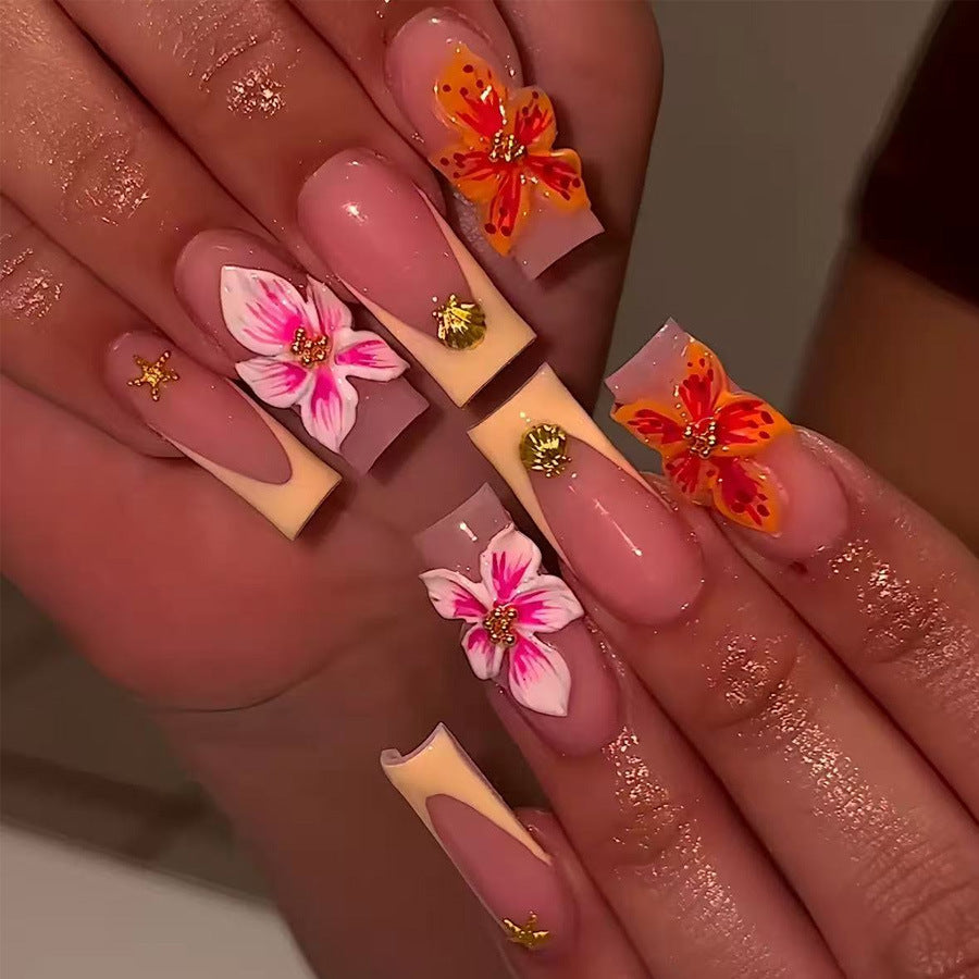 Tropical Blossom Long Square Peach Ombre with Floral Accents Press On Nail Set
