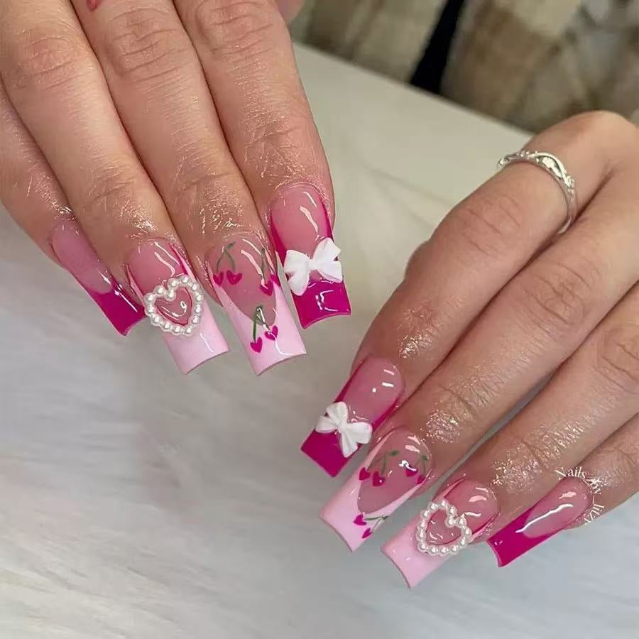 Sweetheart Delight Long Square Pink Ombre with Charming Bow and Heart Accents Press-On Nail Set