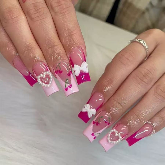 Sweetheart Delight Long Square Pink Ombre with Charming Bow and Heart Accents Press-On Nail Set