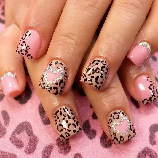 Wild Safari Short Square Pink Leopard Design Press On Nail Set