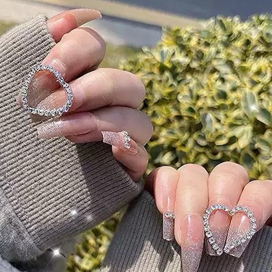 Glamorous Heart Shaped Long Coffin Press on Nail Set with Sparkling Rhinestones