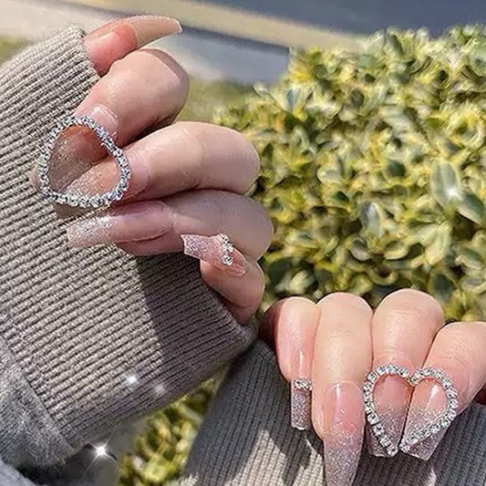 Glamorous Heart Shaped Long Coffin Press on Nail Set with Sparkling Rhinestones