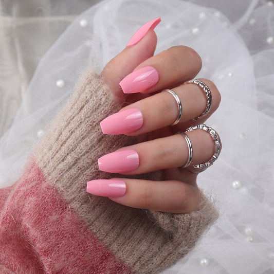 Charming Pink Elegance Long Coffin Glossy Press On Nail Set with Stunning Shine