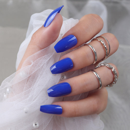 Ocean Vibes Long Coffin Shape Bright Blue Shine Press On Nail Set