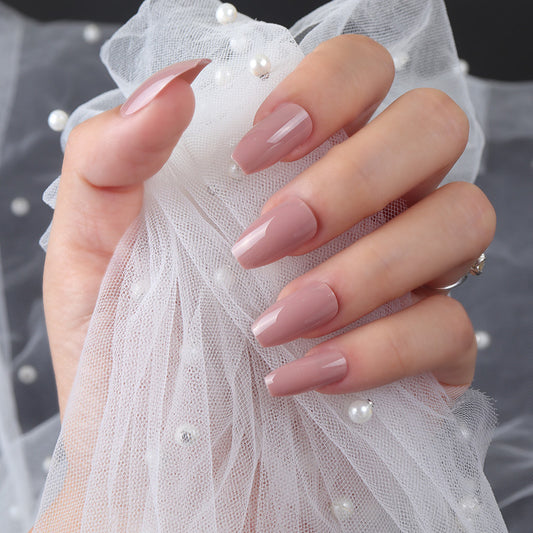 Elegant Rose Quartz Long Coffin Shaped Beige Press On Nail Set with Glossy Finish