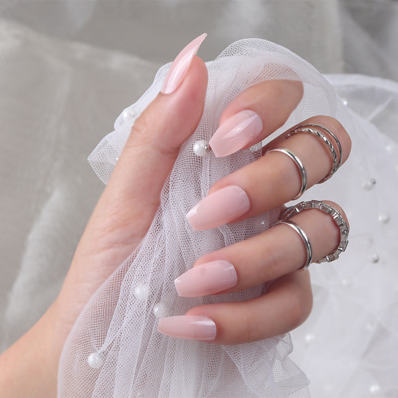 Elegant Soiree Long Coffin Shaped Soft Pink Press On Nail Set with Glossy Finish and Perfectly Polished Tip