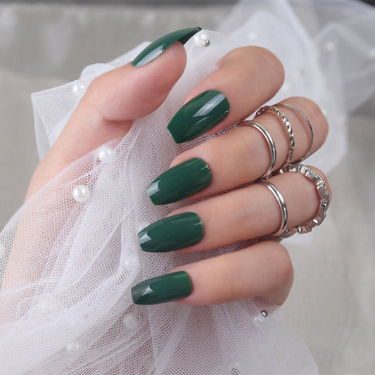 Enchanting Forest Vibe Long Coffin Press On Nail Set in Deep Emerald Green with Glossy Finish and Stunning Shine