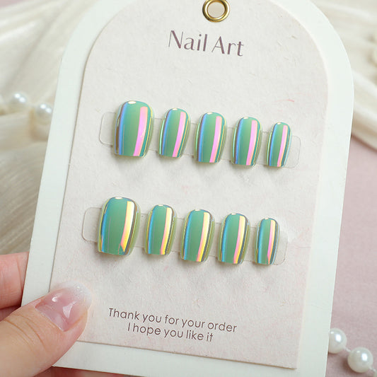 Rainbow Oasis Short Square Green Metallic Press-On Nail Set