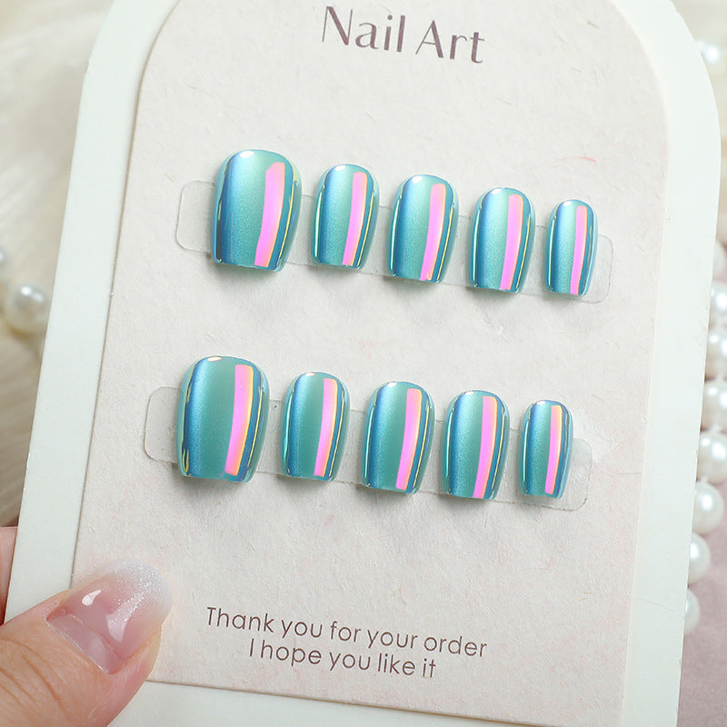 Radiant Ocean Vibes Short Square Turquoise with Iridescent Stripes Nail Set