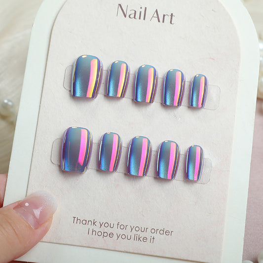 Iridescent Dreams Short Square Blue Mirror Effect Press On Nail Set
