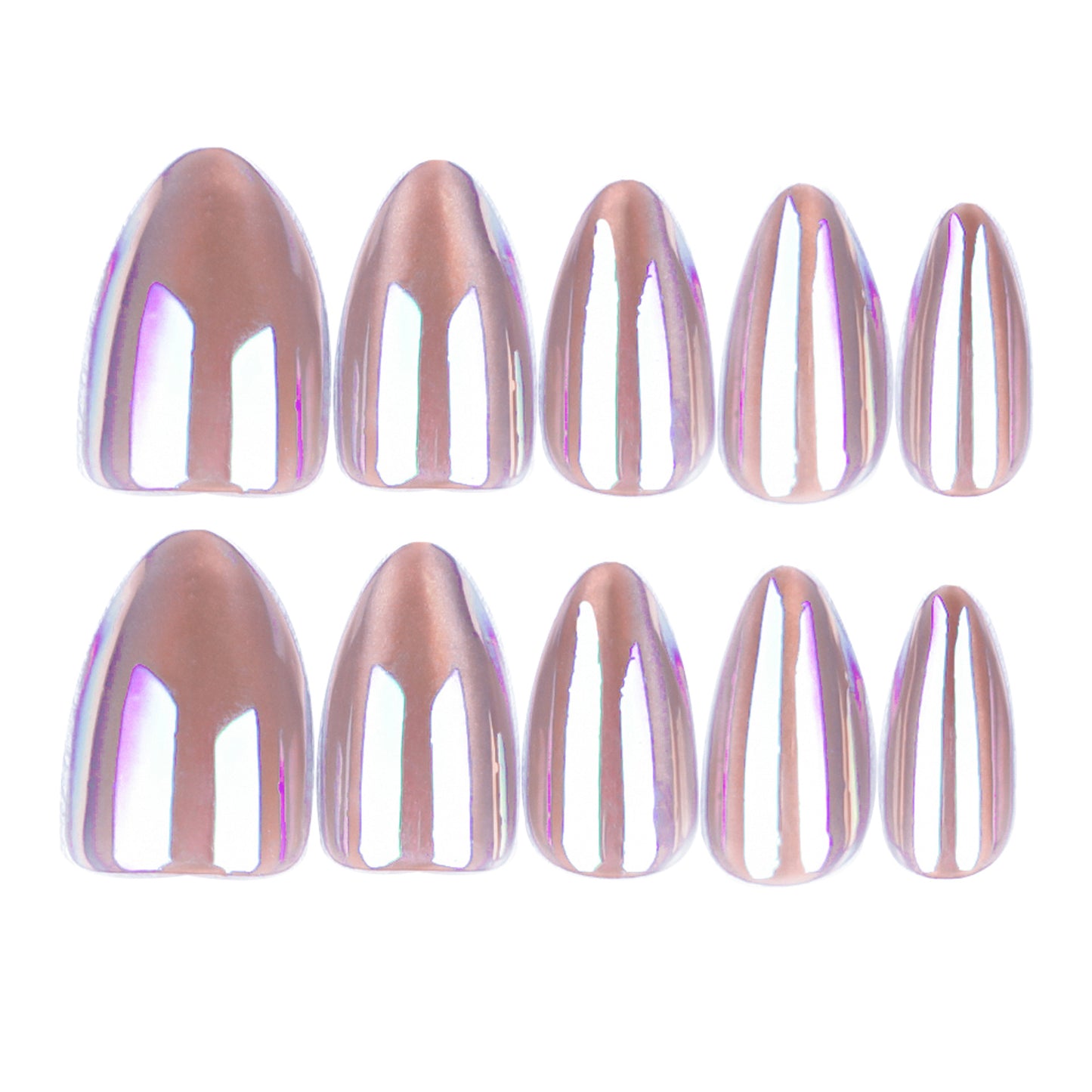 Set of iridescent false nails on a white background