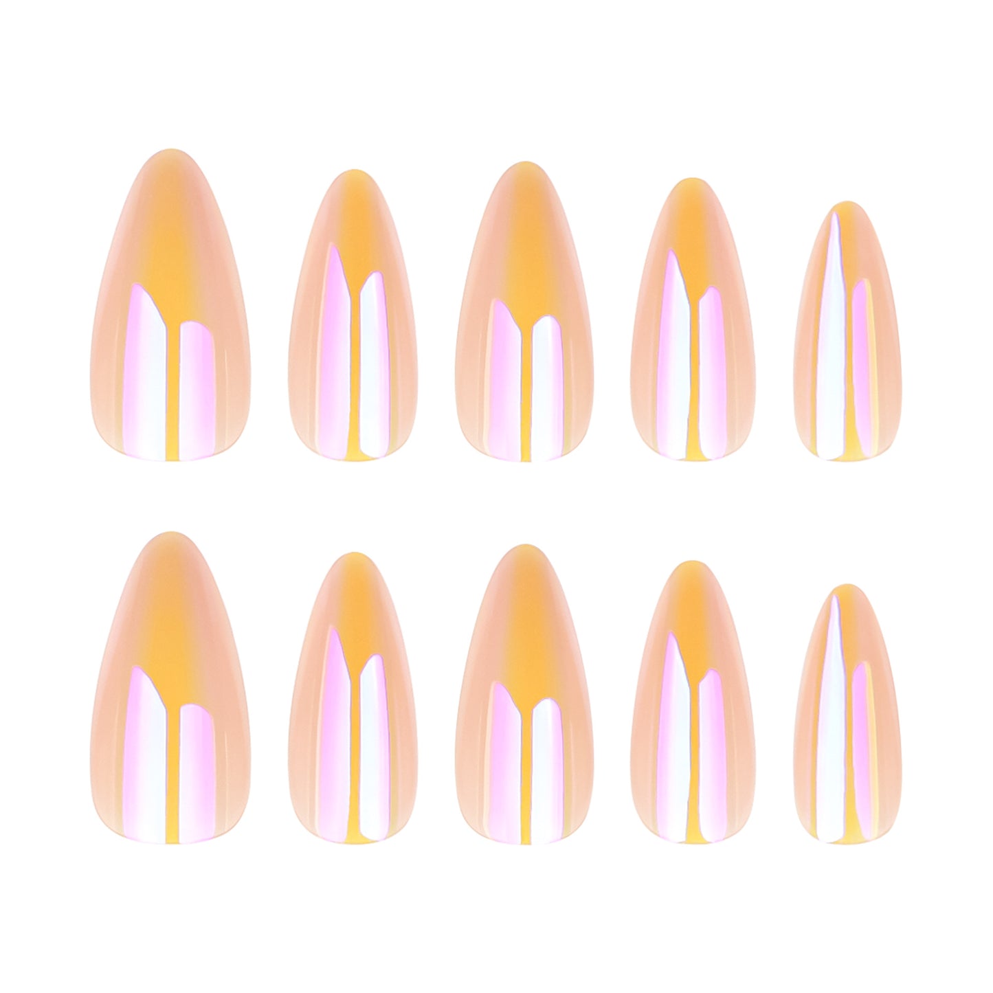 Celestial Glow Medium Almond Shaped Iridescent Peach Press On Nail Set with Captivating Shimmer Finish