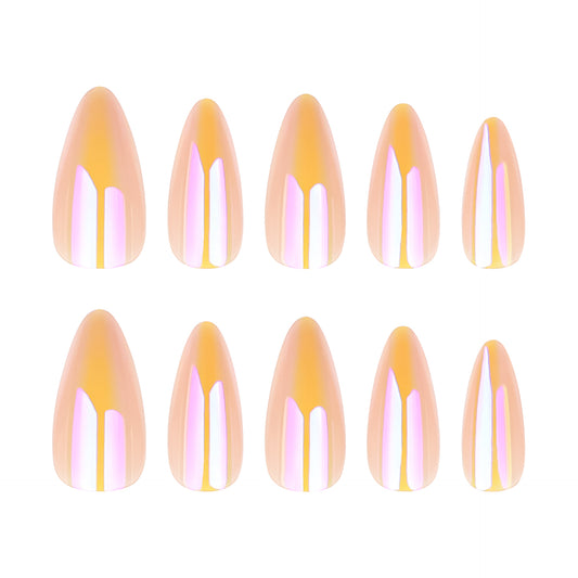 Celestial Glow Medium Almond Shaped Iridescent Peach Press On Nail Set with Captivating Shimmer Finish