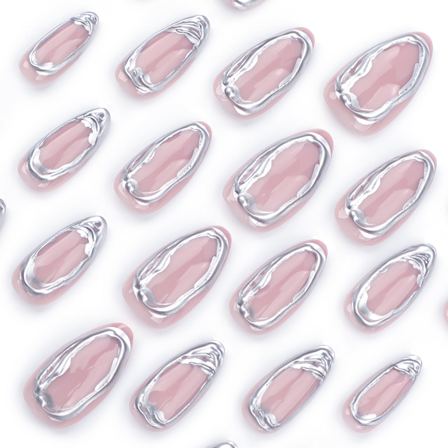 Glamorous Elegance Short Almond Pink Press On Nails with Shiny Silver Edge Design