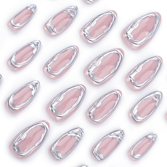 Glamorous Elegance Short Almond Pink Press On Nails with Shiny Silver Edge Design