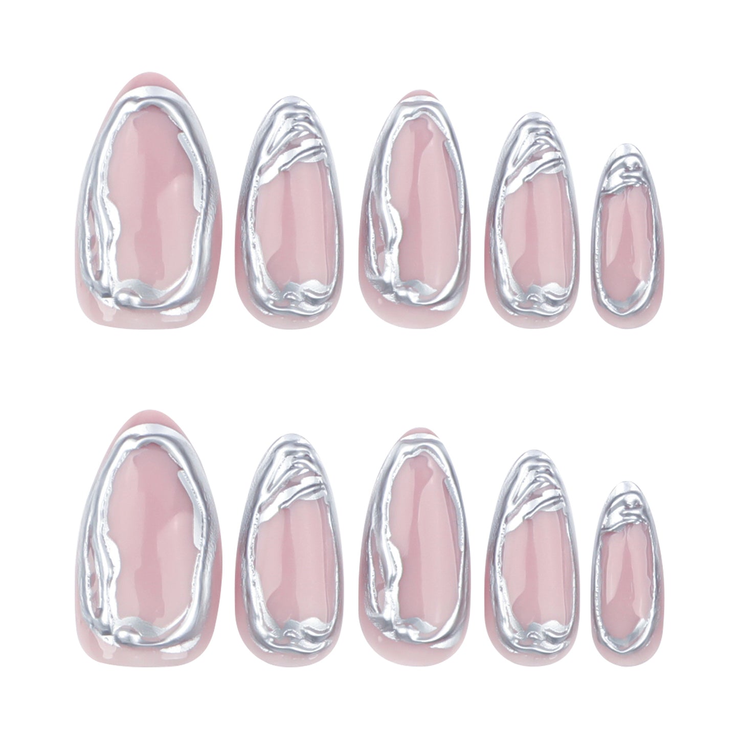 Glamorous Ocean Vibes Pink Short Almond Shaped Press On Nail Set with Silver Wave Design