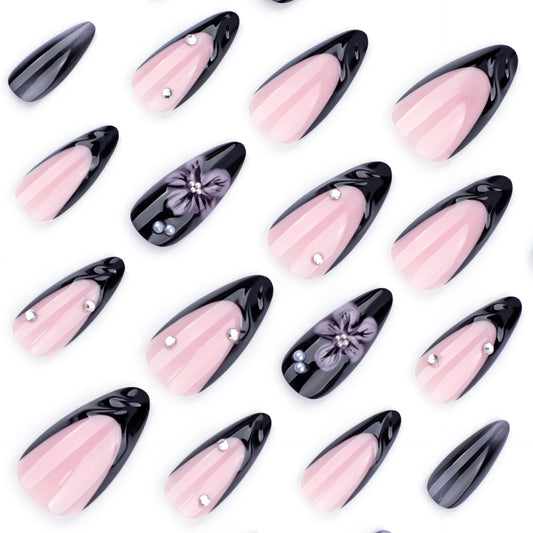 Gothic Elegance Medium Almond Pink and Black Ombre with Floral Design and Gem Accents Press on Nail Set