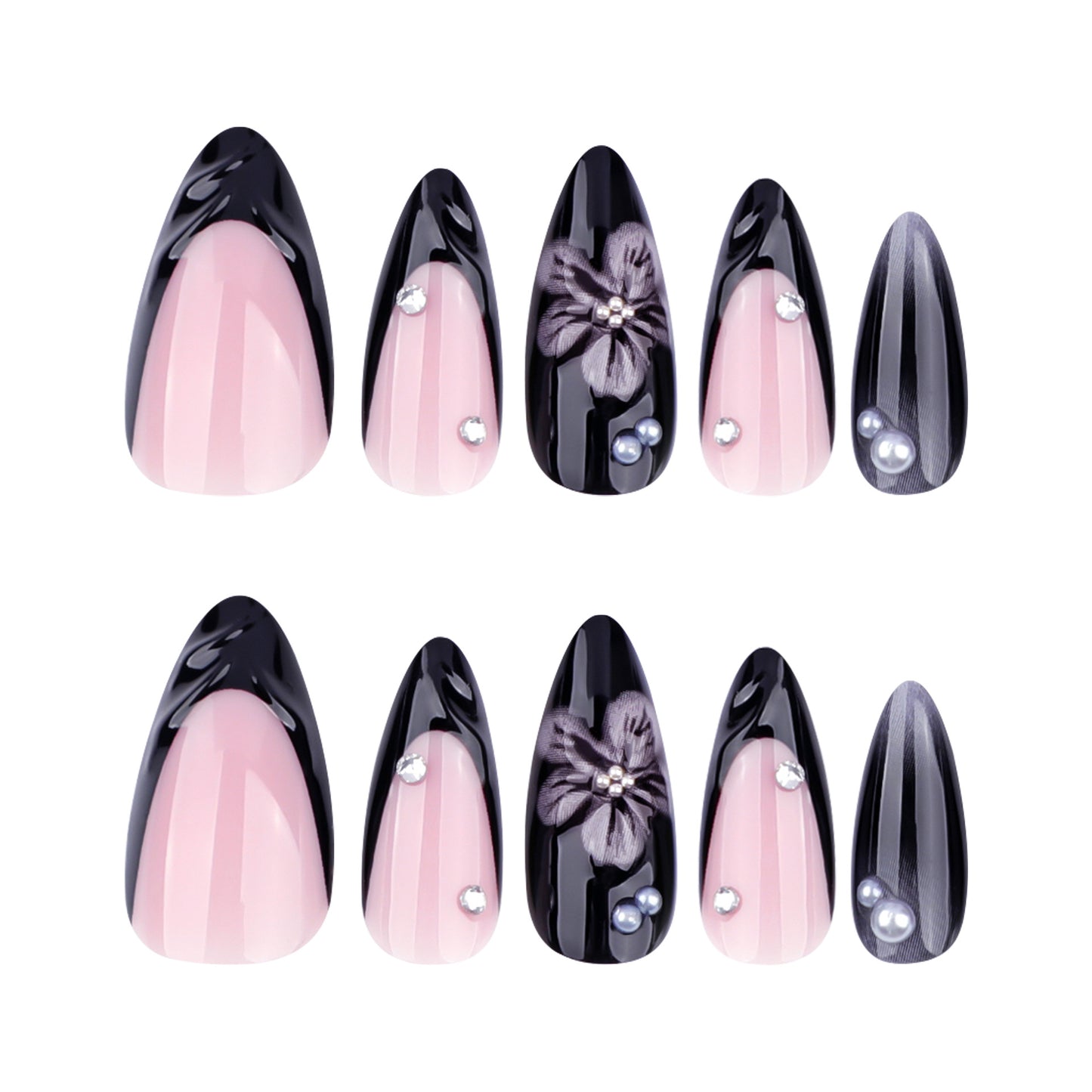 Elegant Floral Mirage Medium Almond Shape Ombre Pink and Black Press On Nail Set with Charming Pearl and Flower Accents