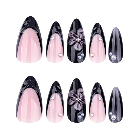 Elegant Floral Mirage Medium Almond Shape Ombre Pink and Black Press On Nail Set with Charming Pearl and Flower Accents