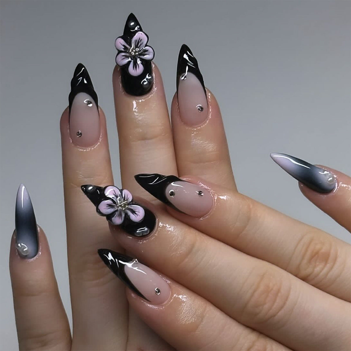 Mystical Garden Long Stiletto Black and Gray Ombre with Floral Accent Press-On Nail Set