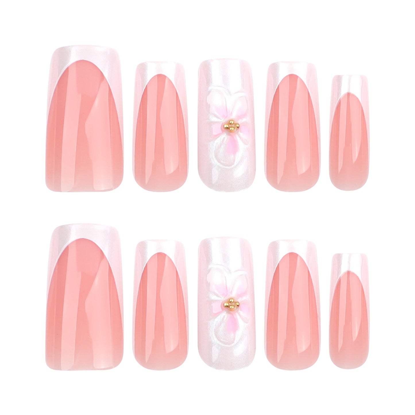 Blossoming Elegance Long Square Pink Nail Set with Floral Accent and Glossy Finish