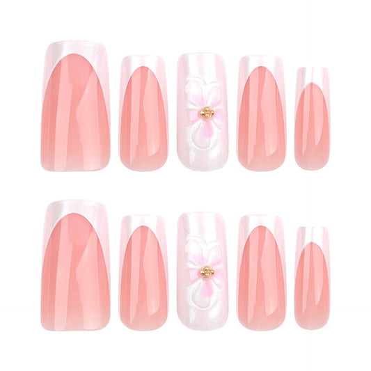 Blossoming Elegance Long Square Pink Nail Set with Floral Accent and Glossy Finish