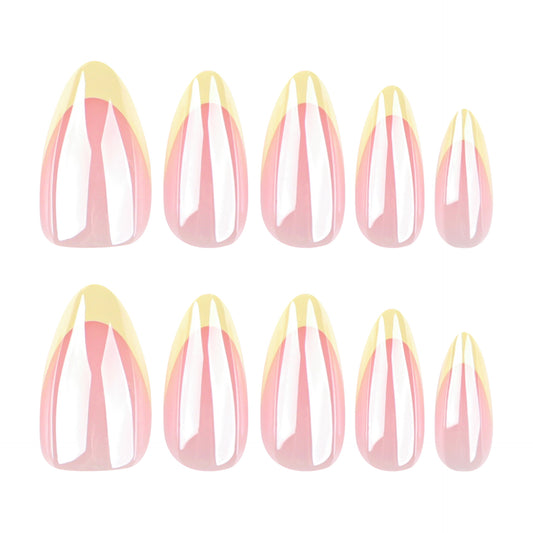 Chic Blossom Elegant Short Almond Shaped Pink and Yellow Press On Nail Set with Glossy Finish
