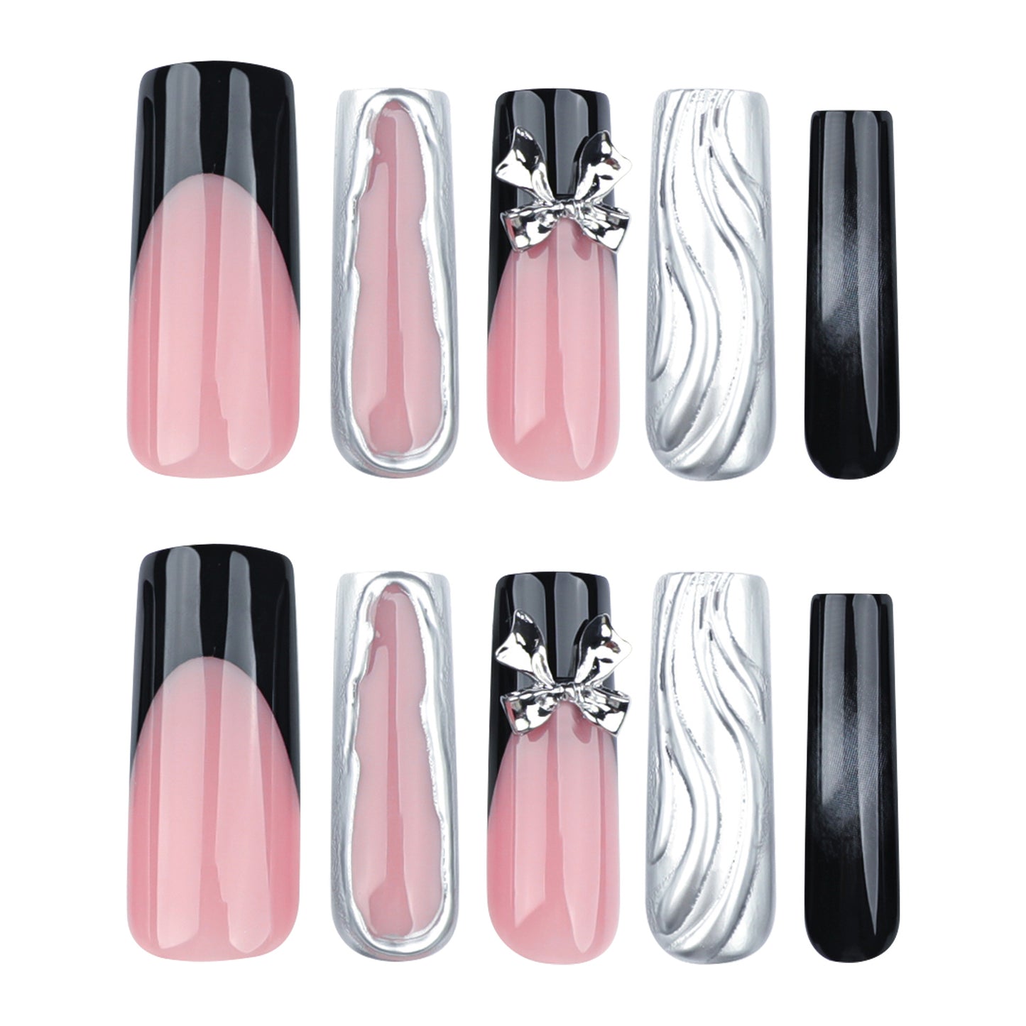 Glamorous Night Out Long Square Shape Pink and Black Press on Nail Set with Elegant Bow and Shiny Metallic Accents