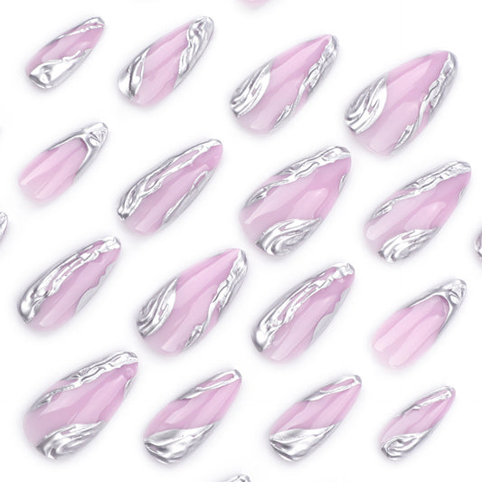 Celestial Dreamscape Short Almond Pink and Metallic Swirl Press-On Nail Set