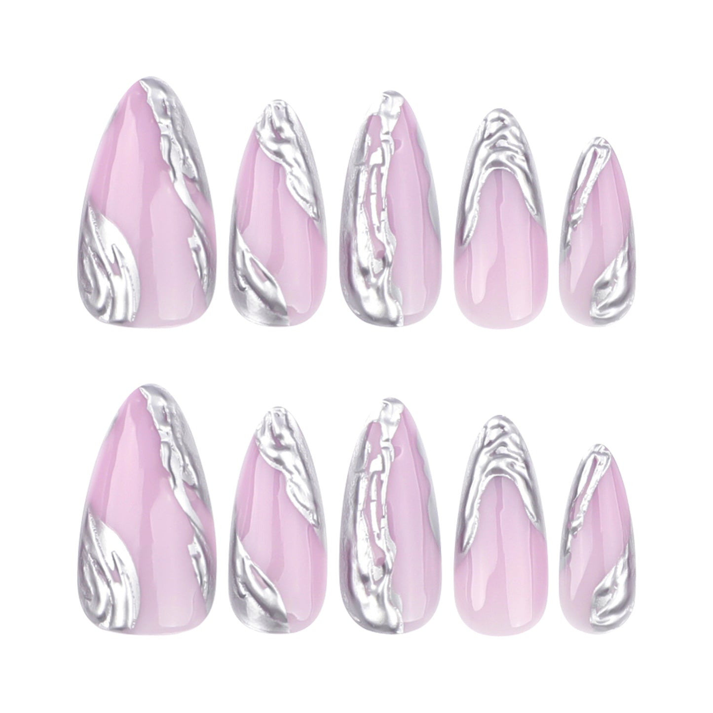 Set of pink and silver nail extensions on a white background