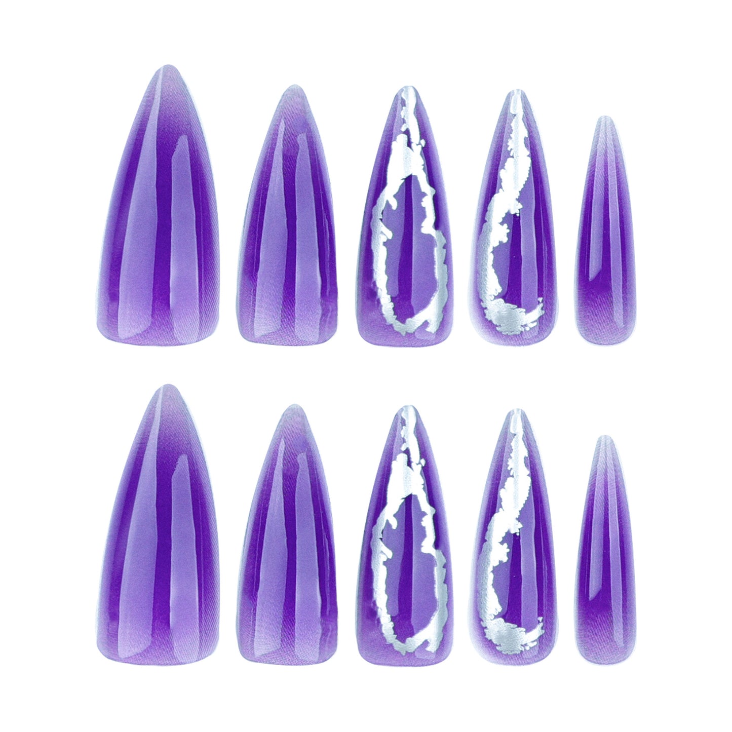 Mystical Amethyst Medium Stiletto Press On Nail Set in Iridescent Purple with Unique Marbled Design