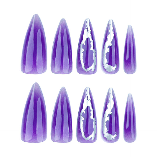 Mystical Amethyst Medium Stiletto Press On Nail Set in Iridescent Purple with Unique Marbled Design