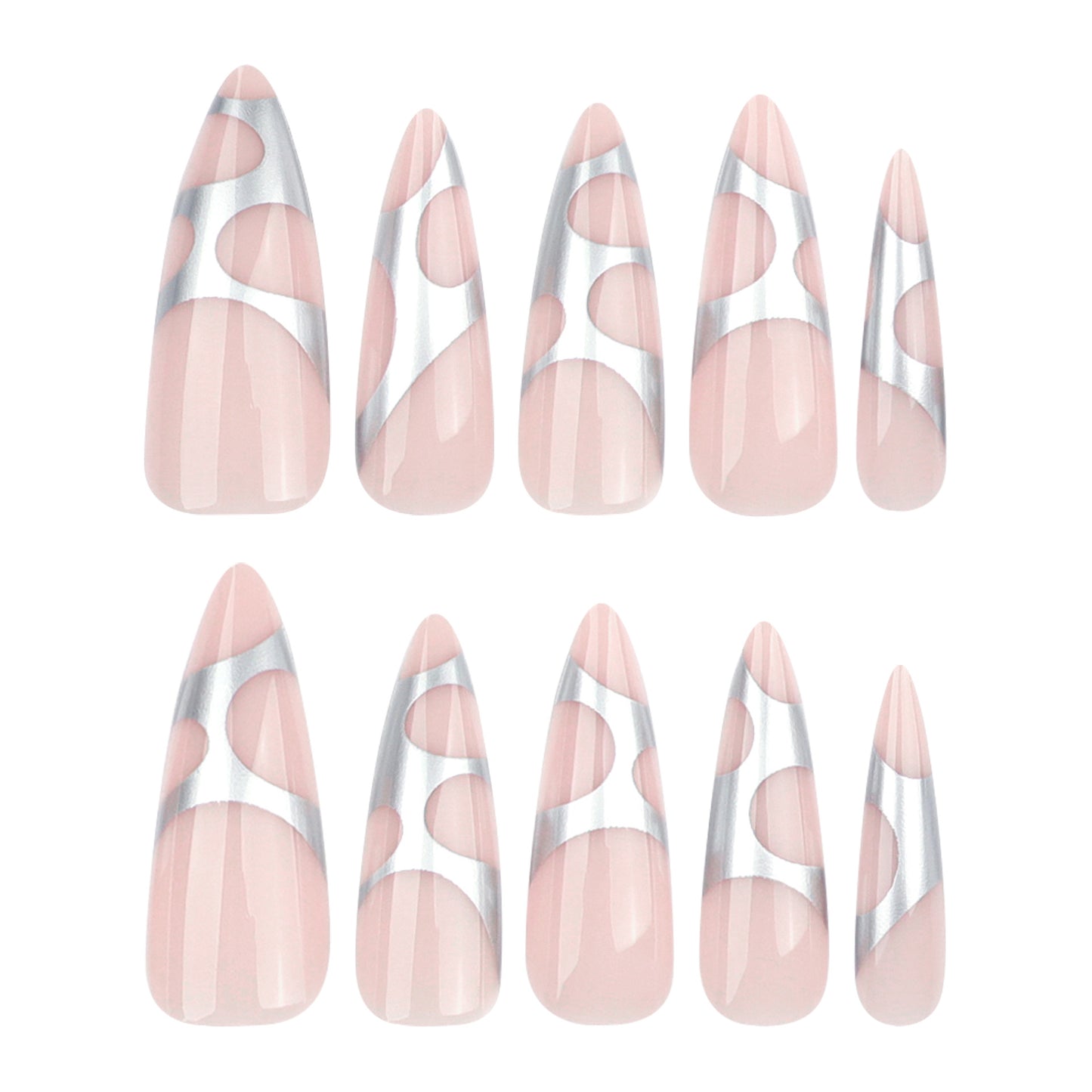 Elegant Geometry Pink Medium Stiletto Nail Set with Silver Accents and Unique Curved Design
