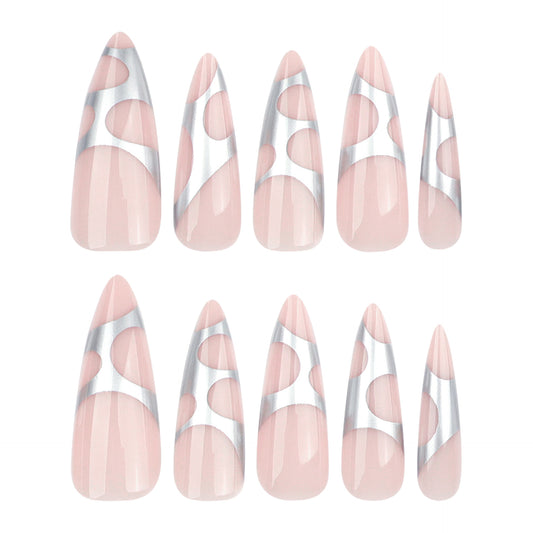 Elegant Geometry Pink Medium Stiletto Nail Set with Silver Accents and Unique Curved Design