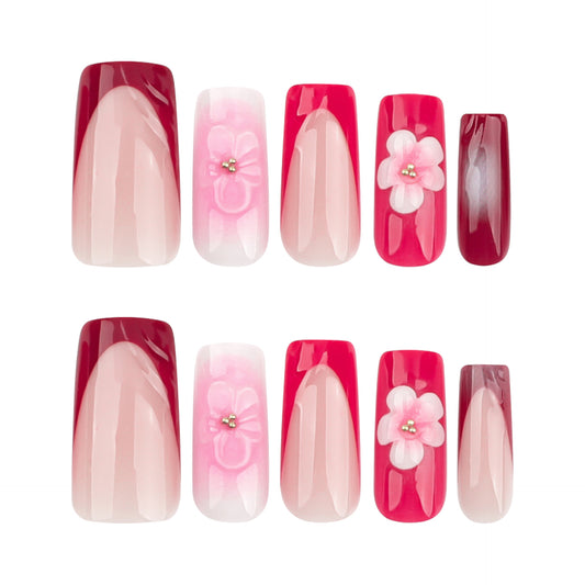 Blossom Elegance Medium Square Pink and Red Press On Nail Set with Floral Accents