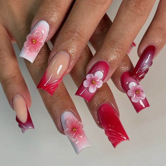 Blossom Elegance Medium Square Gradient Pink Press On Nail Set with Floral Accents