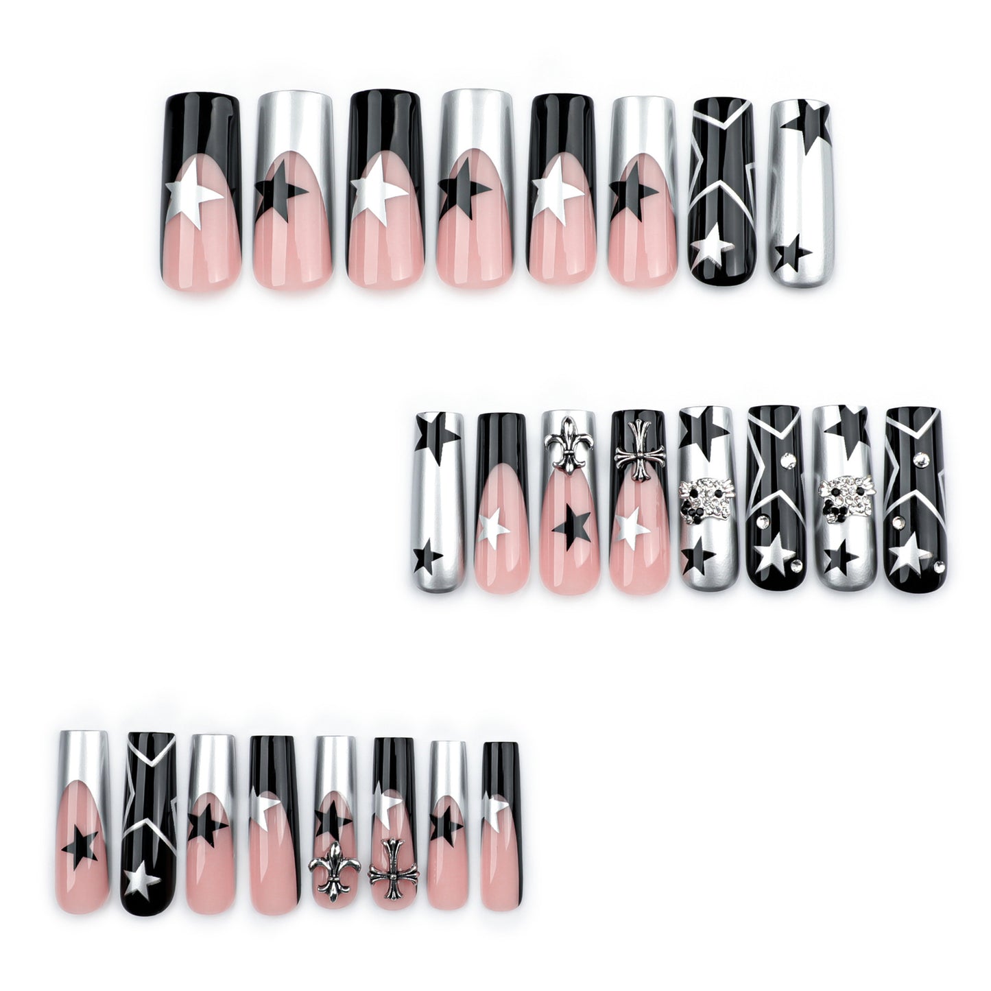 Celestial Glamour Long Square Black and Silver Starry Press On Nail Set with Unique Metallic Accents