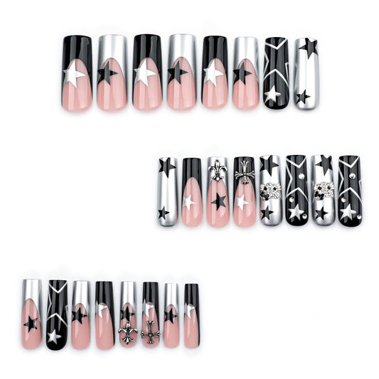 Celestial Glamour Long Square Black and Silver Starry Press On Nail Set with Unique Metallic Accents