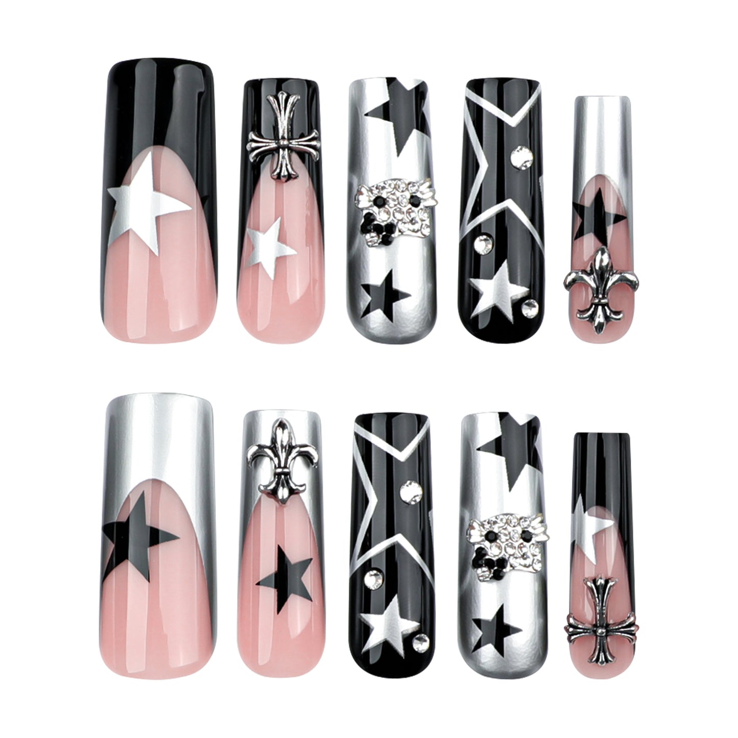 A set of false nails showcasing a long square shape with black and silver designs, including star and cross embellishments.