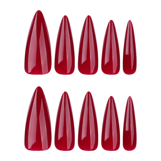 Glamorous Elegance Long Almond Red Press-On Nail Set with High Gloss Finish