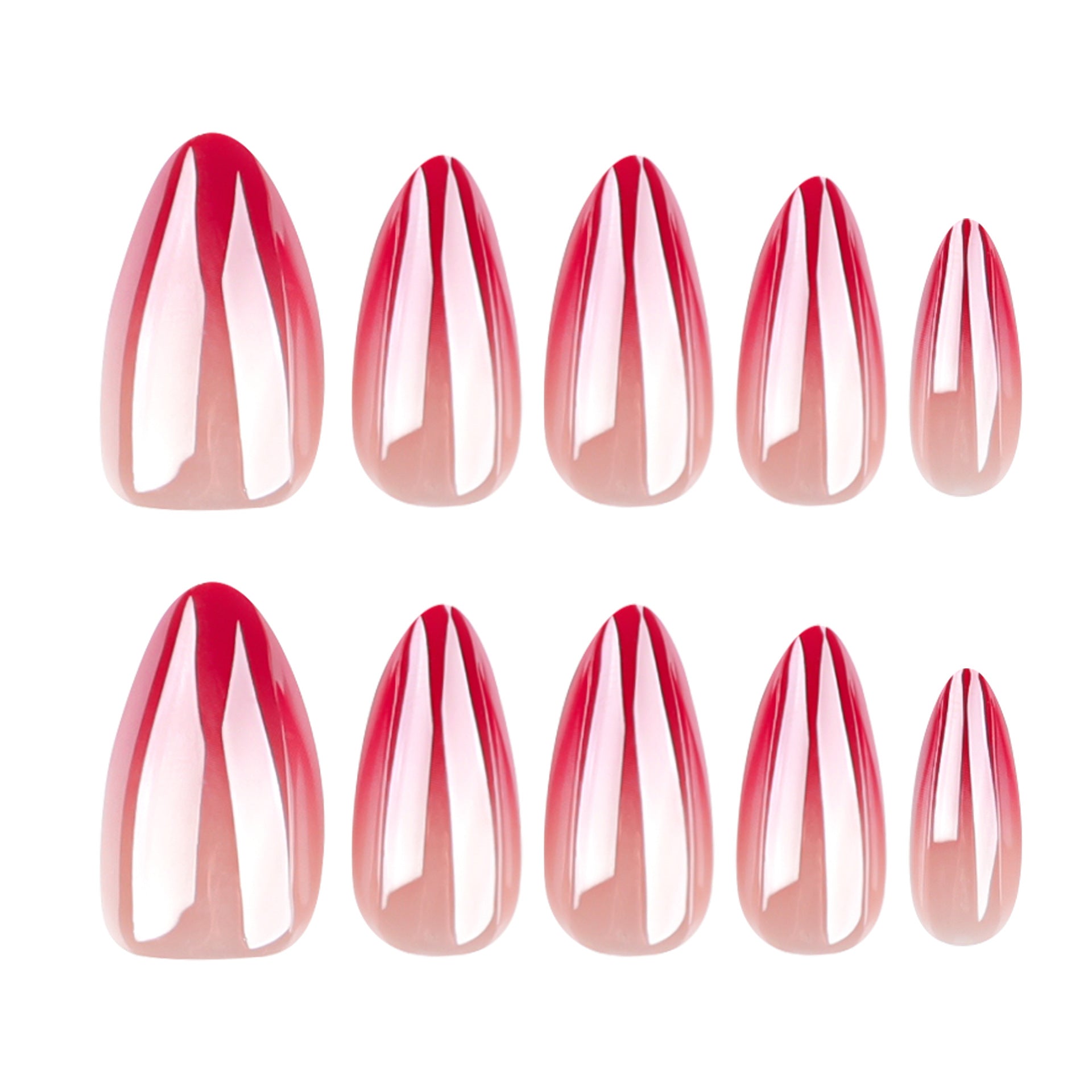A set of false nails with a short almond shape featuring a pink gradient design with white tips.