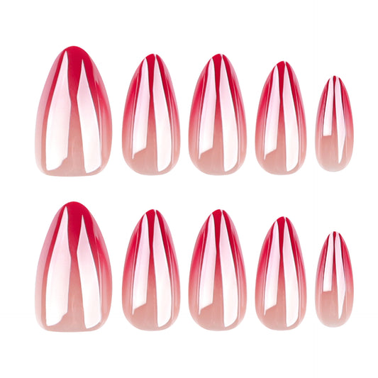 A set of false nails with a short almond shape featuring a pink gradient design with white tips.