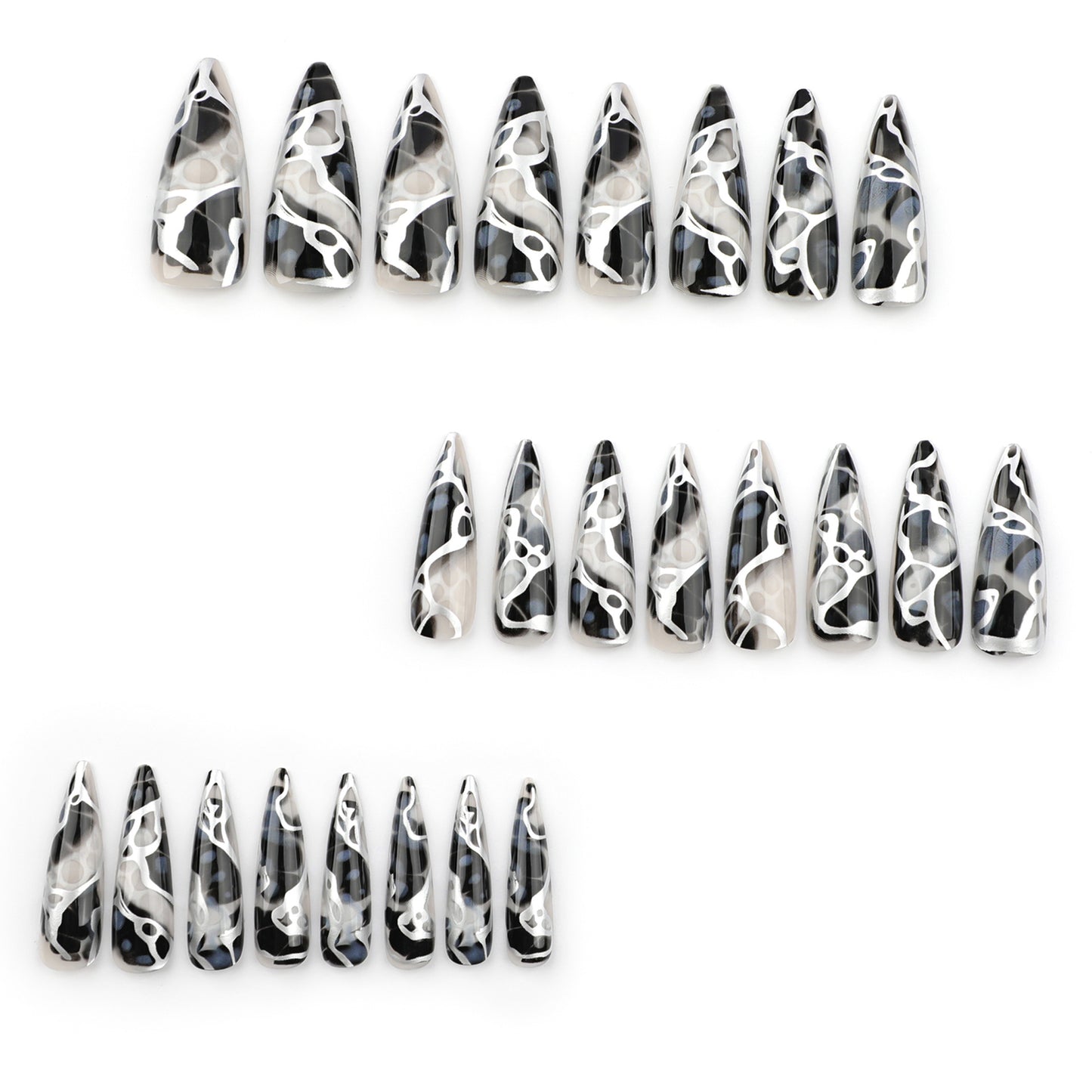 Chic Monochrome Long Almond Press On Nails with Unique Artistic Swirl Design