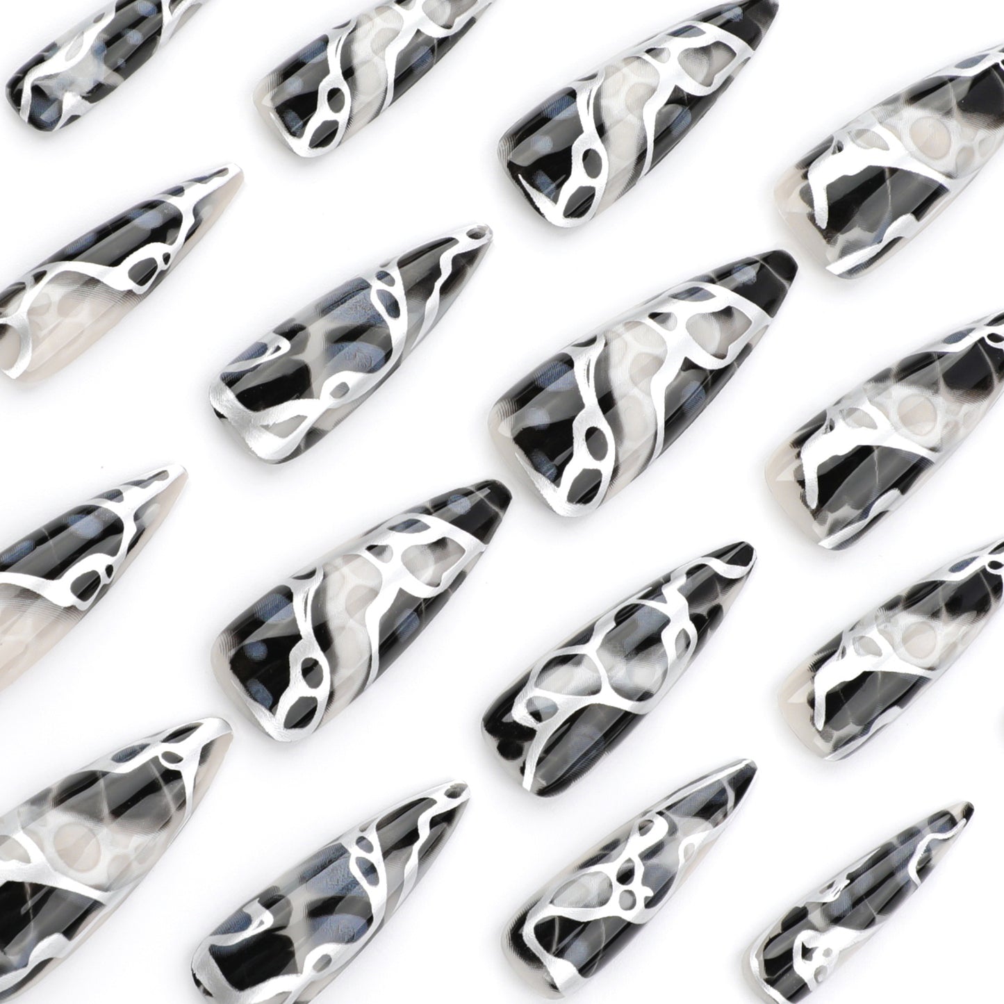 Mysterious Monochrome Chic Long Almond Shape Black and White Marble Design Press On Nail Set
