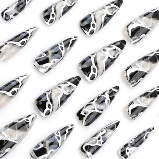 Mysterious Monochrome Chic Long Almond Shape Black and White Marble Design Press On Nail Set