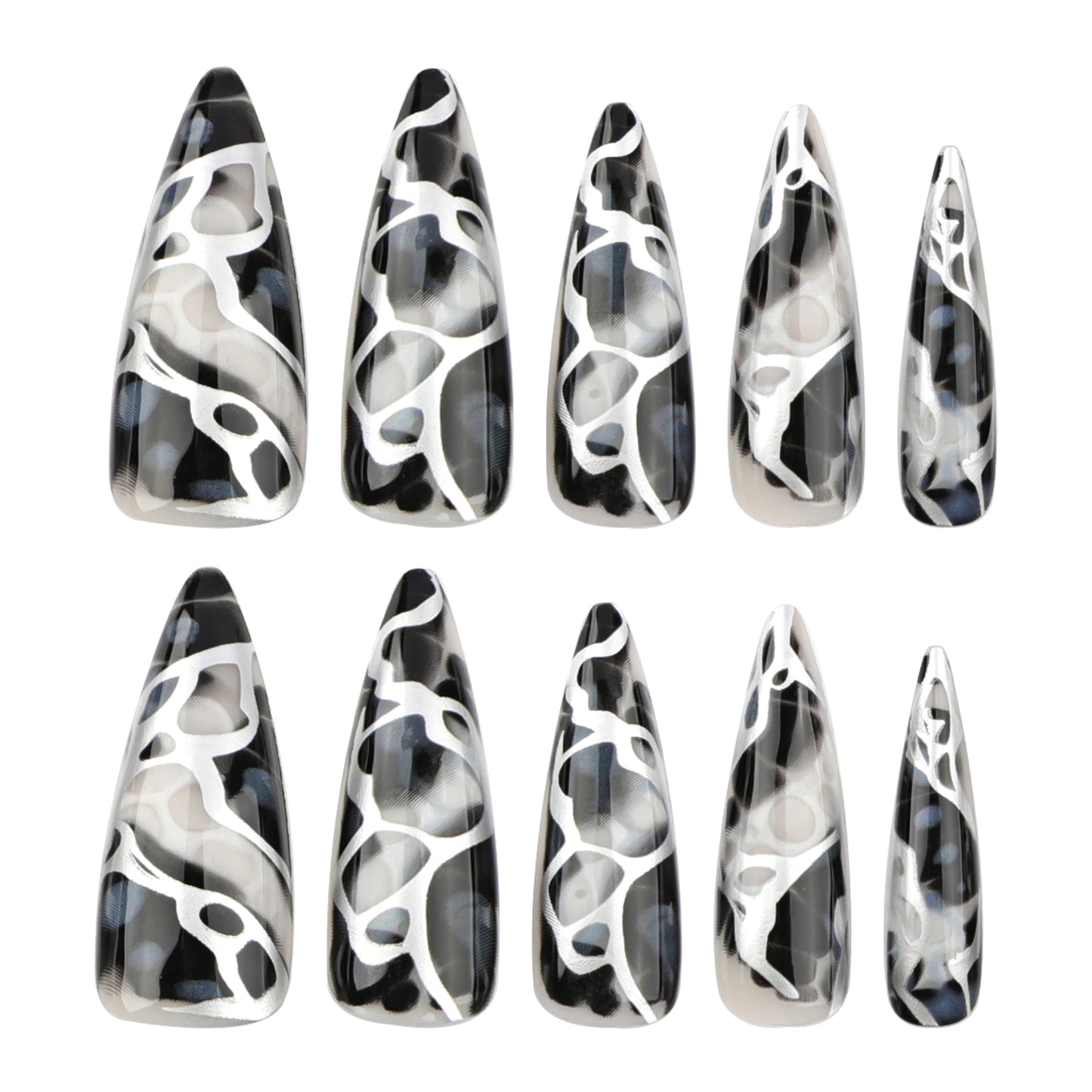Gothic Elegance Long Almond Black and White Marble Press On Nail Set with Unique Swirl Design