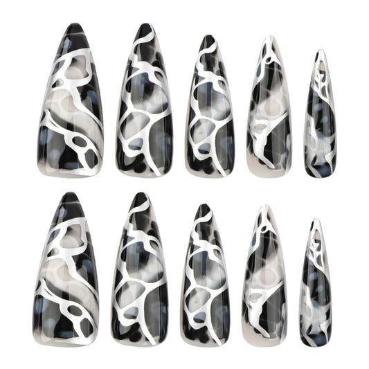 Gothic Elegance Long Almond Black and White Marble Press On Nail Set with Unique Swirl Design