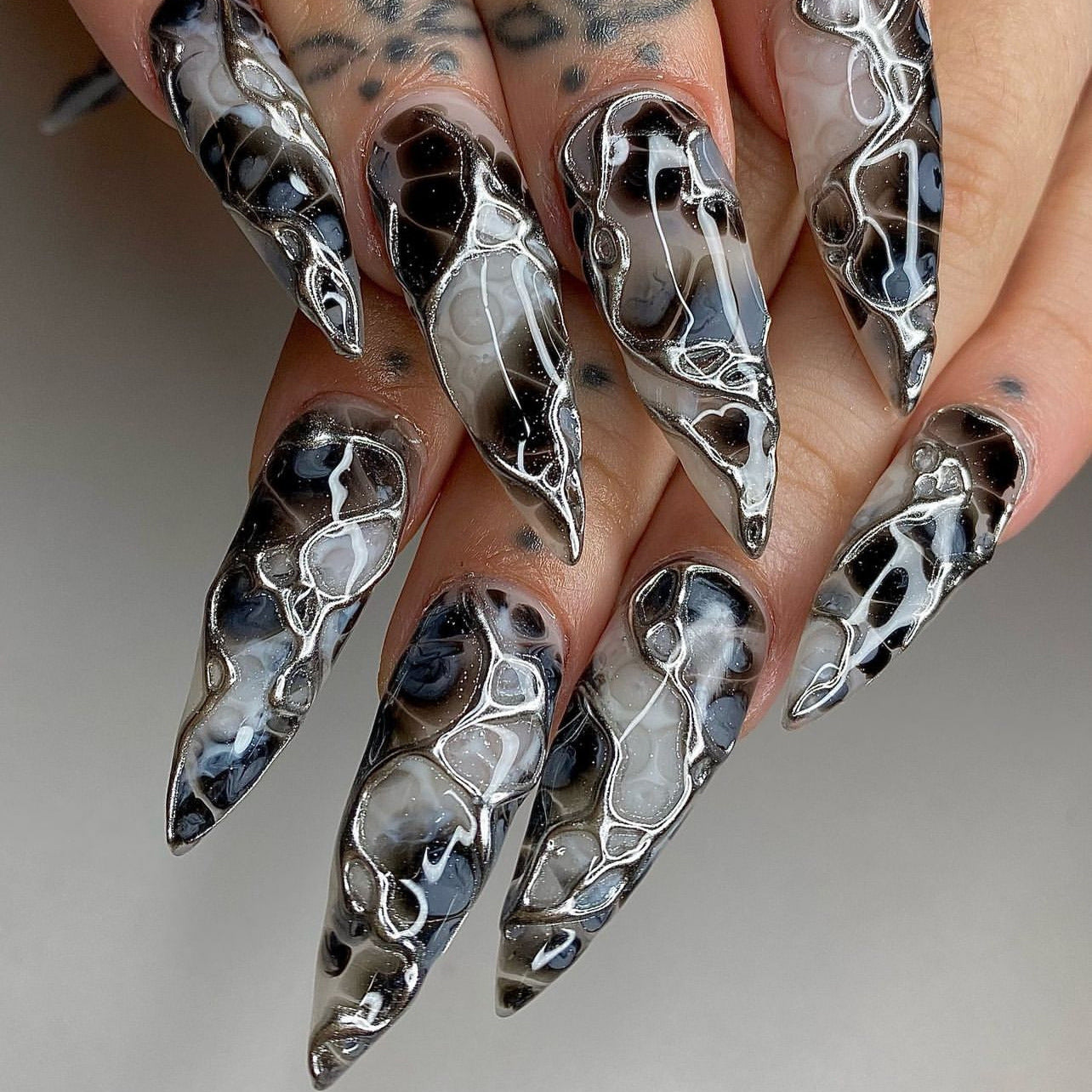 Mystical Elegance Long Stiletto Press On Nails in Black and White with Intricate Swirled Design