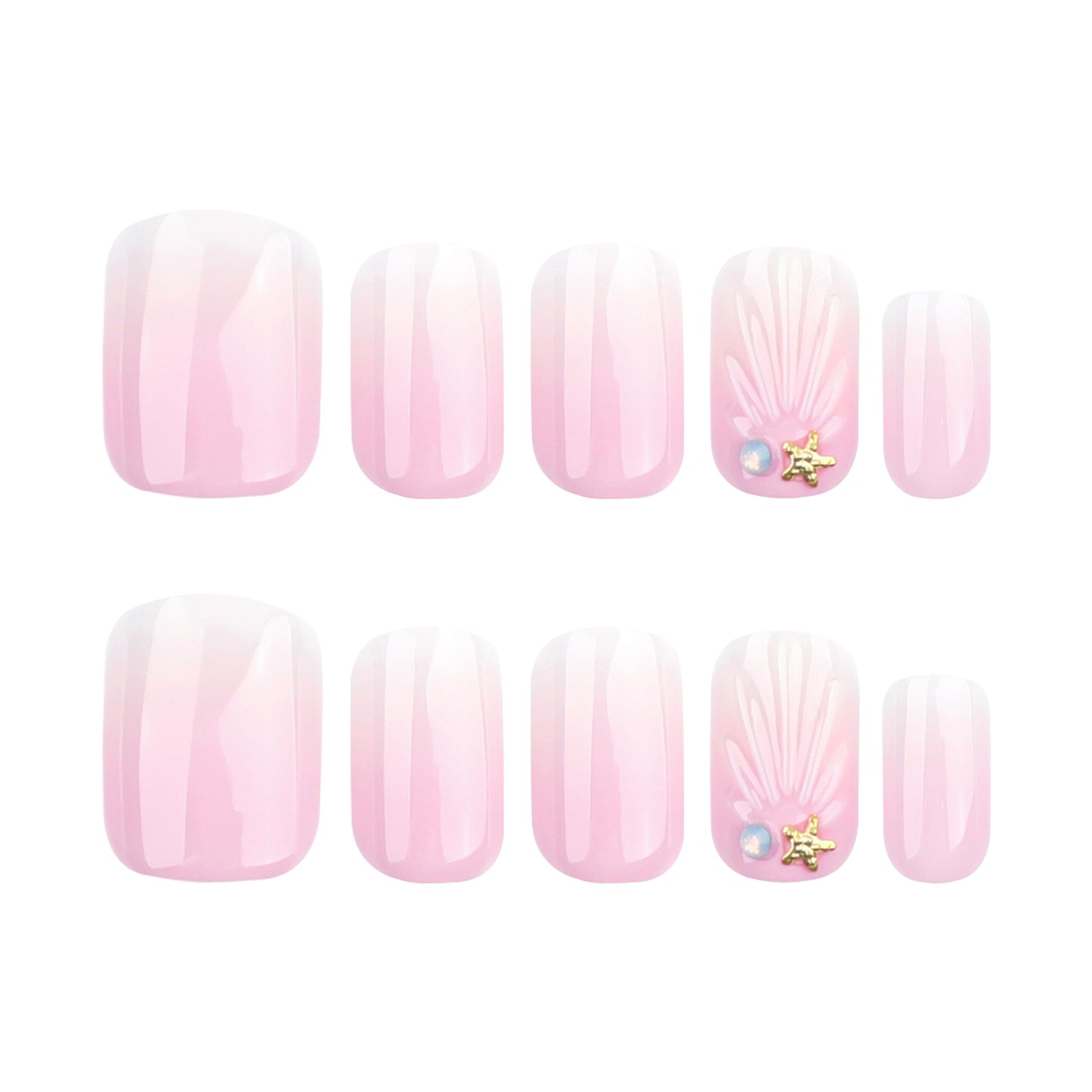 Charming Seaside Bliss Short Square Length Oval Pink Press On Nail Set with Unique Starfish Accent