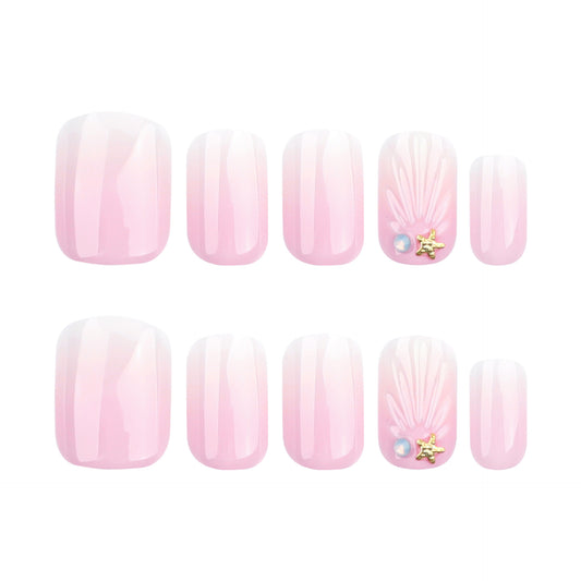 Charming Seaside Bliss Short Square Length Oval Pink Press On Nail Set with Unique Starfish Accent